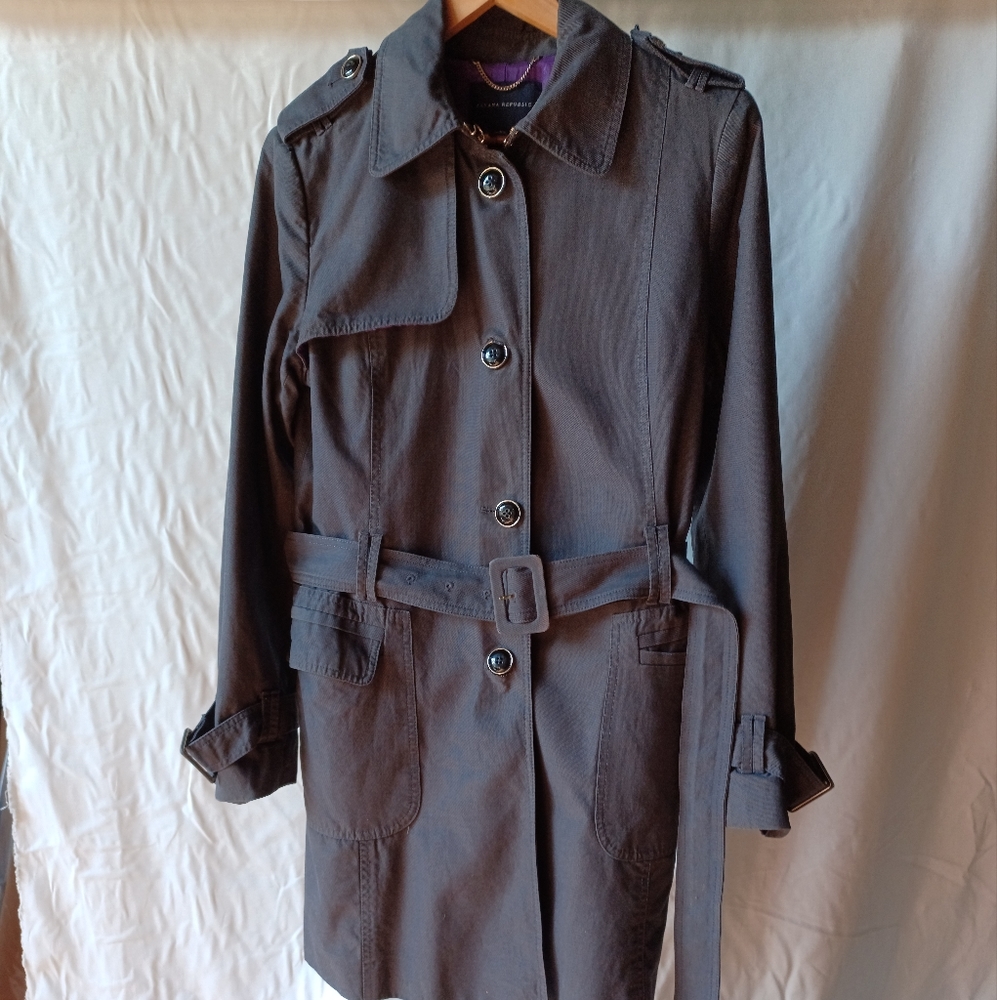 Banana Republic Gray Trench Coat Size Large Purple Lining with Great Details x